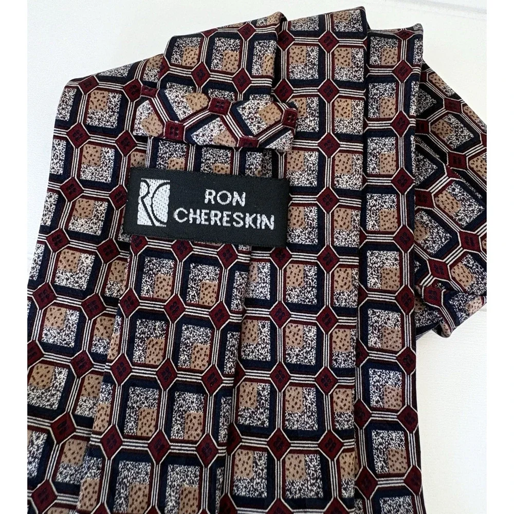 Ron Chereskin Silk Tie Handmade Korea Geometric 90s Burgundy Cream Beige 58.5